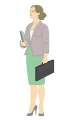 Silhouettes of a girl stands in a modern single line style. Business woman with documents. Continuous line, aesthetic decoration outline, posters, stickers, logo. Vector illustration.