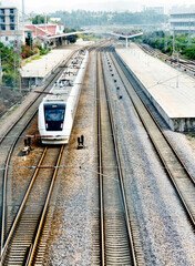 Naklejka premium High angle view of train running on railway