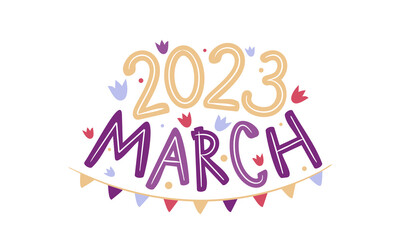 March 2023 logo with hand drawn tulips and garland. Months emblem for the design of calendars, seasons postcards, diaries. Doodle Vector illustration isolated on white background.