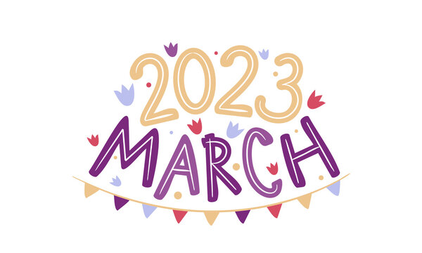 March 2023 logo with hand drawn tulips and garland. Months emblem for the design of calendars, seasons postcards, diaries. Doodle Vector illustration isolated on white background.
