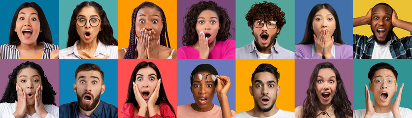 Attractive young multicultural people showing amazement, set of photos