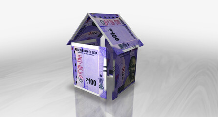 India Rupee 100 INR money banknotes paper house on the table 3d illustration