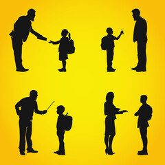 Student teacher silhouette set. punishing student, giving book, showing mobile, discussing with teacher