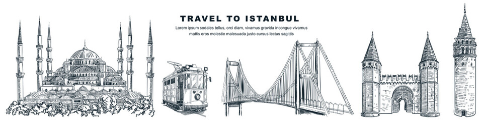 Travel to Istanbul hand drawn landmarks. Vector sketch illustration of Blue Mosque, Galata Tower, tram, Topkapi Palace © Qualit Design