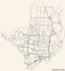 Detailed navigation black lines urban street roads map of the ZENTRUM QUARTER of the German regional capital city of Jena, Germany on vintage beige background