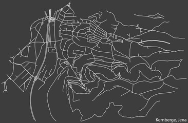 Detailed negative navigation white lines urban street roads map of the KERNBERGE QUARTER of the German regional capital city of Jena, Germany on dark gray background