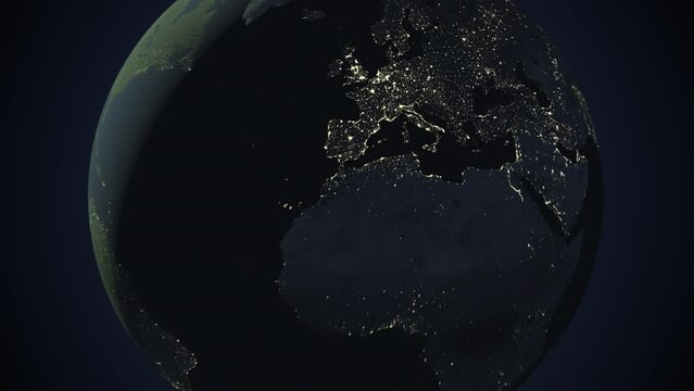 Seamless looping animation of the earth at night zooming in to the 3d map of Czech Republic with the capital and the biggest cites in 4K resolution