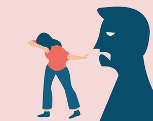 Scared woman victim of bullying concept. Shadow of a person blaming and yelling at a female covering her face. Stop verbal abuse against children and women. Say no to domestic violence prevention. - obrazy, fototapety, plakaty