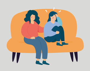 Mother consoles her depressed daughter. Women sitting on couch together support each other. Girl comforting her sister. Mental health help for depression or stress. Concept of empathy with friends.
