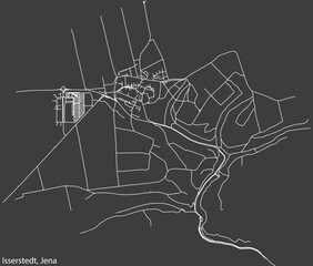 Detailed negative navigation white lines urban street roads map of the ISSERSTEDT QUARTER of the German regional capital city of Jena, Germany on dark gray background