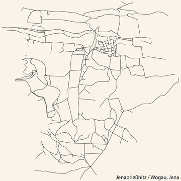 Detailed navigation black lines urban street roads map of the JENAPRIESSNITZ-WOGAU QUARTER of the German regional capital city of Jena, Germany on vintage beige background