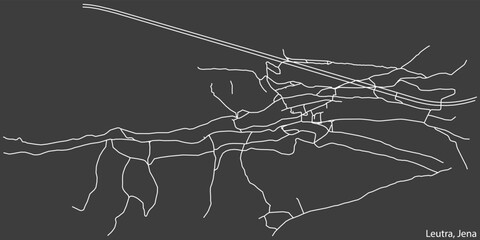 Detailed negative navigation white lines urban street roads map of the LEUTRA QUARTER of the German regional capital city of Jena, Germany on dark gray background