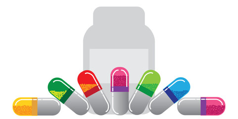 Set of different color medical capsules and bottle on background, vector pills, medicine concept