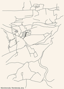 Detailed navigation black lines urban street roads map of the MÜNCHENRODA-REMDERODA QUARTER of the German regional capital city of Jena, Germany on vintage beige background
