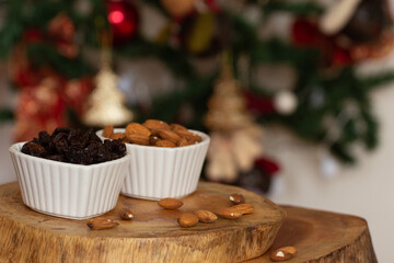 bowl full of raisins and  almonds- Christmas time