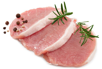 raw pork meat with rosemar, peppercorn isolated on white background. Clipping path and full depth of field