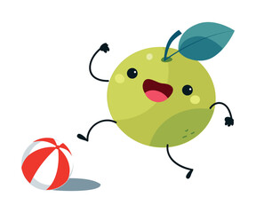 Green Apple as Summer Fruit Character Playing Ball Enjoying Vacation and Having Fun Vector Illustration