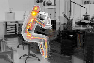 Back and neck pain in a laboratory worker, conceptual 3D illustration