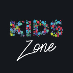 Kids zone vector painting logo. Colorful painting letters for children's playroom decoration. Inscription on isolated black background