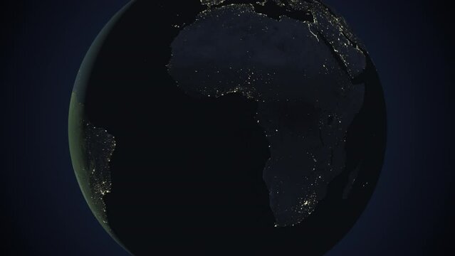 Seamless looping animation of the earth at night zooming in to the 3d map of Democratic Republic of the Congo with the capital and the biggest cites in 4K resolution