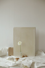 decorative composition of flowers, paper and concrete
