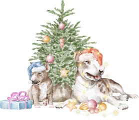 Bull terrier dogs and Christmas tree illustration
