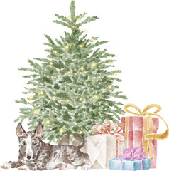 Bull terrier puppy and Christmas tree illustration