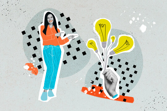 Creative trend collage of millennial lady businesswoman pointing excellent idea electric lamps bulbs isolated drawing background - Powered by Adobe