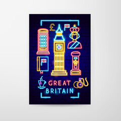 Great Britain Neon Flyer. Vector Illustration of National Promotion.