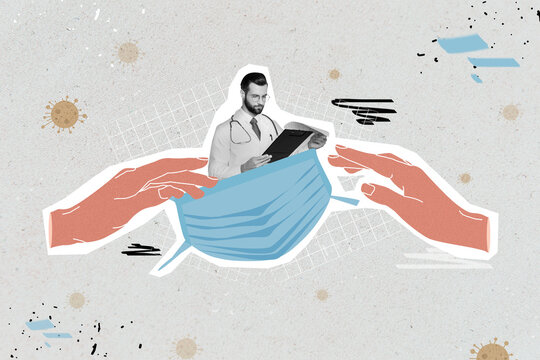 Composite collage picture image of professional doctor check examine patients treatment hand hold mask coronavirus pandemic quarantine