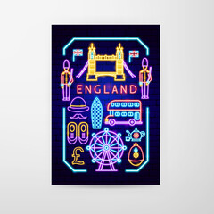 England Neon Flyer. Vector Illustration of National Promotion.