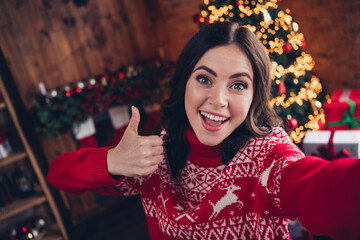 Portrait of charming positive lady make selfie demonstrate thumb up newyear time x-mas house indoors