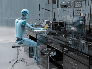 A humanoid robot working with laptop, conceptual 3D illustration