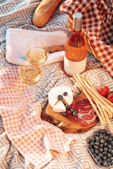 Picninc in nature at the sunset. Picnic setting. View above. Vertical photography.