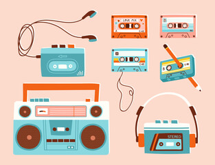 Set of retro audio players. A boombox, portable music players and cassette tapes. Vector illustration of 80s and 90s devices in colorful vintage style. Elements are isolated.