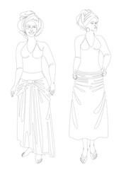 Collection. Silhouette of a beautiful girl. Lady in a turban and national clothes. Woman in modern one line style. Solid line, decor outline, posters, stickers, logo. Vector illustration set.