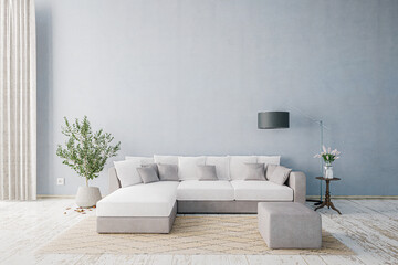 Sofa mit Tisch vor leerer heller Wand und Gardine