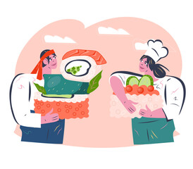 Japanese sushi chefs cartoon characters, flat vector illustration isolated on white background. Japanese seafood sushi restaurant emblem or menu card design element.