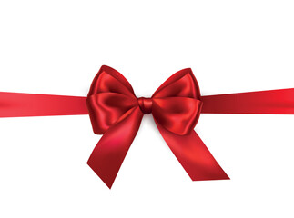 Vector bright red shiny ribbon with decorative bow on white background - invitation, gift wrapping or card design