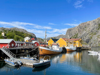 Fototapeta na wymiar Svolvaer town, the capital of Lofoten islands, as seen during spring. Lofoten is a complex of picturesque fishing islands in northern Norway, Europe