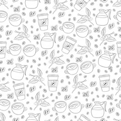 Seamless pattern with coffee beans, coffee cups and coffee pot. Collection of line coffee elements. Modern doodle background for packaging, textile, menus, print