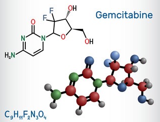 Gemcitabine molecule. It is antineoplastic agent used in the therapy of  pancreatic, lung, breast, ovarian, bladder cancer. Structural chemical formula, molecule model.