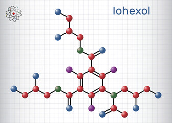 Iohexol molecule. It is  contrast agent used in myelography and contrast enhancement for computerized tomography. Molecule model. Sheet of paper in a cage