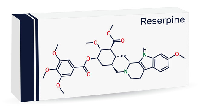 Reserpine alkaloid molecule. It is antihypertensive drug, used for the treatment of high blood pressure. Skeletal chemical formula. Paper packaging for drugs