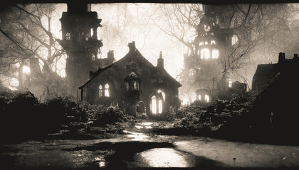 Blurred background of decrepit haunted house in the dark, Halloween background concept.