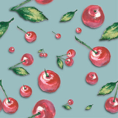 Background with the image of cherries on a blue background. Original background with cherry, seamless lines.