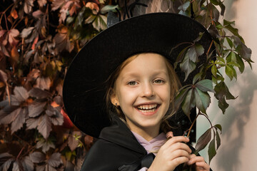 Portrait of little cute girl in witch costume and hat for halloween on fall autumn leaves...