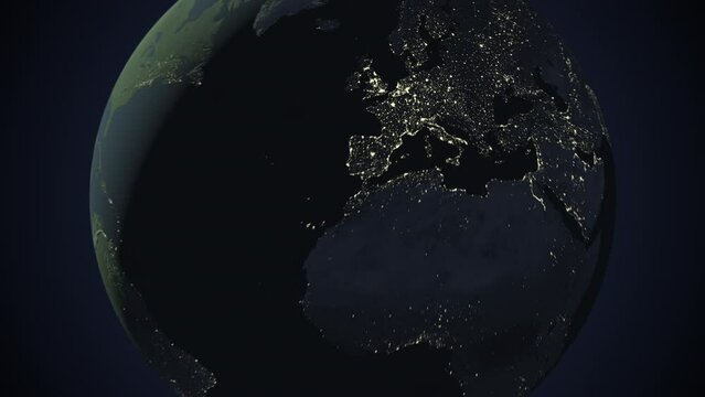 Seamless looping animation of the earth at night zooming in to the 3d map of Denmark with the capital and the biggest cites in 4K resolution