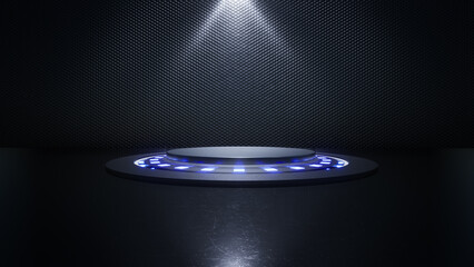 product podium platform studio with blue and violet spotlight and grunge style textured in spaceship background. Futuristics technology scene concept. 3D illustration rendering  © MUS_GRAPHIC