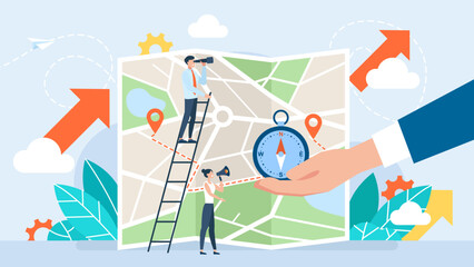 Folded City map. GPS navigator. Tiny Characters Orienteering at Huge Paper Map. Businessman with Compass Searching Correct Way. Geolocation Pin. Gps Navigation. Flat style. Vector illustration